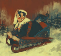 Size: 758x687 | Tagged: safe, artist:exclusionzone, oc, oc only, clothes, coat, headscarf, limited palette, looking away, looking back, looking up, scarf, sledge, sleigh, smiling, snow, tabun art-battle