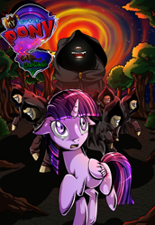 Size: 1800x2622 | Tagged: safe, artist:candyclumsy, derpibooru import, twilight sparkle, twilight sparkle (alicorn), alicorn, comic:curse and madness, cloak, clothes, comic, cover, cultist, dark, fanfic, fangs, female, forest, glowing mouth, logo parody, mare, mlpcam, night, ominous, portal, raised hoof, scared, terrified