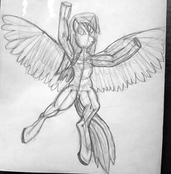 Size: 1552x1578 | Tagged: safe, artist:tour, oc, oc only, anthro, pegasus, unguligrade anthro, flying, monochrome, pencil drawing, simple background, solo, spread wings, traditional art, unnamed oc, wings