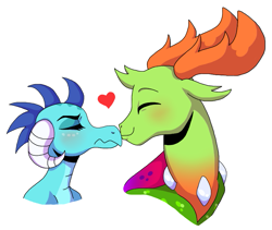 Size: 869x733 | Tagged: safe, artist:ruskio, derpibooru import, dragon lord ember, princess ember, thorax, changedling, changeling, blushing, embrax, eyes closed, female, heart, interspecies, king thorax, male, nuzzling, shipping, simple background, smiling, straight, tsundember, tsundere