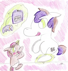 Size: 1642x1706 | Tagged: safe, artist:ptitemouette, derpibooru import, oc, oc:rhyme mash, oc:squeezie, brother and sister, female, gamecube, male, next generation, nintendo 64, offspring, parent:button mash, parent:sweetie belle, parents:sweetiemash, siblings