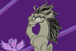 Size: 3000x2000 | Tagged: safe, artist:turkleson, derpibooru import, discord, eris, twilight sparkle, twilight sparkle (alicorn), alicorn, abstract background, discolight, female, glasses, half r63 shipping, lesbian, rule 63, shipping, sketch, twieris