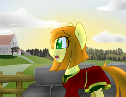 Size: 3500x2700 | Tagged: safe, artist:spheedc, derpibooru import, oc, oc:sweet corn, earth pony, pony, clothes, cloud, digital art, female, fence, forest, house, mare, medieval, sky, solo, sunrise