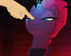 Size: 1010x804 | Tagged: safe, edit, edited screencap, screencap, tempest shadow, pony, my little pony: the movie, boop, boop edit, broken horn, cute, eye scar, horn, non-consensual booping, scar, sparking horn, tempting fate, this will end in pain, xk-class end-of-the-world scenario