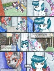 Size: 1950x2550 | Tagged: safe, artist:tillie-tmb, derpibooru import, oc, oc only, oc:meadow lark, oc:rebus hunter, earth pony, pony, unicorn, comic:the amulet of shades, female, magic, male, mare, stallion, traditional art