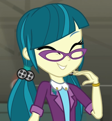 Size: 997x1077 | Tagged: safe, screencap, juniper montage, equestria girls, movie magic, spoiler:eqg specials, ^^, adorkable, baubles, blazer, bracelet, clothes, cropped, cute, dork, eyes closed, female, glasses, grin, hair tie, jewelry, junibetes, pigtails, shirt, smiling, solo, twintails