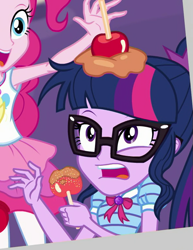 Size: 585x757 | Tagged: safe, derpibooru import, screencap, pinkie pie, sci-twi, twilight sparkle, better together, equestria girls, rollercoaster of friendship, apple, cropped, female, food, geode of telekinesis, glasses, messy hair, offscreen character, ponytail