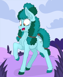 Size: 3384x4171 | Tagged: safe, artist:paskanaakka, derpibooru exclusive, derpibooru import, oc, oc only, oc:gleamblossom, earth pony, pony, butt freckles, colored hooves, ear fluff, female, freckles, mare, open mouth, raised hoof, shocked, shoulder freckles, solo, tail wrap, unshorn fetlocks