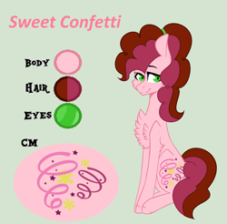 Size: 2461x2417 | Tagged: safe, artist:snowi-draws1997, derpibooru import, oc, oc only, oc:sweet confetti, earth pony, pony, base used, chest fluff, female, green background, mare, offspring, parent:cheese sandwich, parent:pinkie pie, parents:cheesepie, reference sheet, simple background, solo