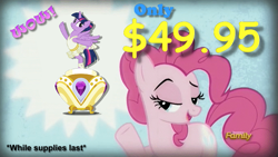 Size: 683x384 | Tagged: safe, edit, edited screencap, screencap, twilight sparkle, twilight sparkle (alicorn), alicorn, pony, a royal problem, the lost treasure of griffonstone, advertisement, ballerina, buy our toys, crossing the memes, exploitable meme, meme, pinkie presenter, tutu, twilarina, wow