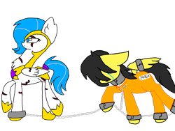 Size: 1024x768 | Tagged: safe, artist:gina, artist:thunder burst, derpibooru import, oc, oc only, oc:gina, oc:thunder burst, pegasus, pony, collaboration, bound wings, chained, clothes, collar, crying, prison, prison guard position, prison outfit, prisoner, royal guard, shackles, simple background, transparent background