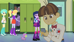 Size: 1366x768 | Tagged: safe, screencap, cloudy kicks, spike, tennis match, twilight sparkle, wiz kid, dog, equestria girls, equestria girls (movie), badge, bag, book, boots, bowtie, clothes, compression shorts, door, high heel boots, iphone, leg warmers, lockers, mirror, pen, pencil, ponytail, rear view, shoes, shorts, skirt, spike the dog, tennis ball