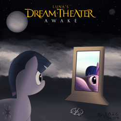 Size: 1994x1994 | Tagged: safe, artist:thedarksatanicorn, derpibooru import, twilight sparkle, twilight sparkle (alicorn), unicorn twilight, alicorn, pony, unicorn, season 3, atg 2018, crossover, dream theater, majesty logo, mirror, moon, newbie artist training grounds, ponified, ponified album cover, progressive metal, reflection