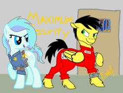 Size: 1024x768 | Tagged: safe, artist:thunder burst, derpibooru import, oc, oc:albert wild, oc:rosa pie, oc:thunder burst, base used, chains, clothes, keyes, police, police uniform, prison, prison outfit, prisoner, shackles