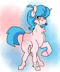 Size: 1665x1991 | Tagged: safe, artist:euspuche, derpibooru import, oc, oc only, earth pony, pony, abstract background, bracelet, collar, ear piercing, jewelry, looking at you, one eye closed, piercing, raised hoof, smiling, wink