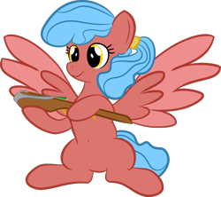 Size: 1944x1729 | Tagged: safe, artist:darknutlord521, derpibooru import, oc, oc only, oc:sparkie sprocket, pegasus, pony, belly button, crossbow, female, hoof hold, mare, simple background, sitting, solo, transparent background, two toned wings