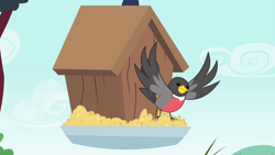 Size: 1280x720 | Tagged: safe, derpibooru import, screencap, bird, inspiration manifestation, animal, bird house, bird seed, mr. robin, robin, solo, spread wings, wings