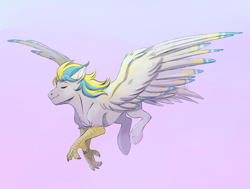 Size: 1777x1345 | Tagged: source needed, safe, artist:1an1, oc, oc only, oc:cirrus sky, hippogriff, eyes closed, flying, smiling, spread wings, talons, windswept mane, wings