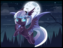 Size: 1600x1227 | Tagged: safe, derpibooru import, oc, bat, bat pony, hybrid, pony, collar, female, flying, forest, headband, human skull, hybrid wings, mare, moon, night, ribbon, signature, skull, slit eyes, solo, spread wings, thinking, unshorn fetlocks, wings