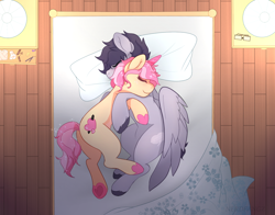 Size: 1400x1100 | Tagged: safe, artist:nerdfangz, derpibooru import, oc, oc only, pegasus, pony, unicorn, bed, colored hooves, digital art, duo, eyes closed, female, glasses, male, mare, pillow, snuggling, spread wings, stallion, underhoof, unshorn fetlocks, wings