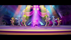 Size: 1920x1080 | Tagged: safe, screencap, songbird serenade, earth pony, pegasus, pony, my little pony: the movie, background pony, backup dancers, bow, canterlot, dancer, female, mare, sia (singer), stage, tail bow, unnamed pony