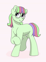 Size: 1428x1939 | Tagged: safe, artist:pastel-charms, derpibooru import, oc, oc:pansy everfree, earth pony, pony, adopted offspring, female, glasses, mare, parent:twilight sparkle, pink background, simple background, solo