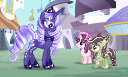 Size: 1904x1152 | Tagged: safe, artist:6-fingers-lover, derpibooru import, oc, oc only, oc:honey scooter, oc:northern lights, oc:olive oil, alicorn, earth pony, pony, unicorn, cap, donut steel, female, filly, hat, magical lesbian spawn, mare, offspring, parent:applejack, parent:fleur-de-lis, parent:princess luna, parent:scootaloo, parent:sweetie belle, parent:trouble shoes, parents:fleurluna, parents:scootabelle, parents:troublejack