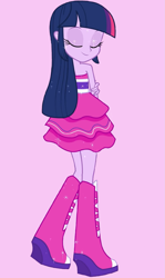 Size: 1001x1674 | Tagged: safe, screencap, twilight sparkle, equestria girls, equestria girls (movie), bare shoulders, boots, eyes closed, fall formal outfits, high heel boots, pink background, raised leg, simple background, sleeveless, sparkles, strapless, this is our big night, twilight ball dress