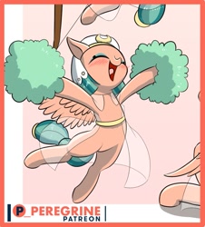 Size: 793x876 | Tagged: safe, artist:phoenixperegrine, derpibooru import, somnambula, pegasus, pony, blushing, cheerleader, cute, eyes closed, female, mare, open mouth, patreon, patreon logo, pom pom, solo focus, somnambetes