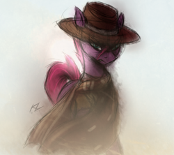 Size: 2155x1917 | Tagged: safe, artist:draftthefilmmaker-kl, derpibooru import, tempest shadow, pony, unicorn, clothes, hat, solo, the man with no name, the pony with no name