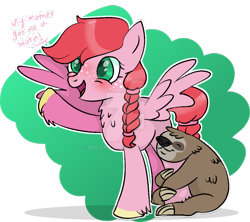 Size: 1024x909 | Tagged: safe, artist:rosiepie15, derpibooru import, oc, oc only, oc:daisy, oc:speedy the sloth, pegasus, pony, sloth, base used, braid, chest fluff, female, freckles, hug, leg hug, mare, offspring, parent:big macintosh, parent:fluttershy, parents:fluttermac, pet oc, simple background, solo, transparent background, unshorn fetlocks, watermark