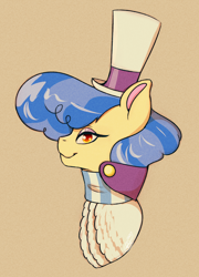 Size: 1024x1419 | Tagged: safe, artist:mapleiciousmlp, derpibooru import, sapphire shores, earth pony, pony, brown background, bust, clothes, eyeshadow, female, hat, lidded eyes, looking at you, makeup, mare, simple background, smiling, solo, top hat