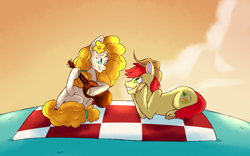 Size: 1024x637 | Tagged: safe, artist:mapleicious, artist:mapleiciousmlp, derpibooru import, bright mac, pear butter, earth pony, pony, the perfect pear, brightabetes, brightbutter, cute, duo, female, guitar, hooves on face, looking at each other, male, mare, pearabetes, picnic, picnic blanket, prone, scenery, shipping, stallion, straight, unshorn fetlocks, you're in my head like a catchy song