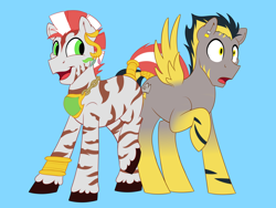 Size: 2000x1500 | Tagged: safe, artist:timidwithapen, derpibooru import, oc, oc:eirjan, oc:thunder, hybrid, zebra, zony, butt bump, butt to butt, butt touch, gay, male, zebra oc