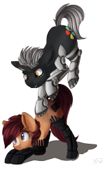 Size: 3512x5504 | Tagged: safe, artist:beardie, derpibooru import, oc, oc only, oc:kick pacer, oc:wireless fuzz, amputee, bionics, duo, female, male, mare, prosthetic limb, prosthetics, simple background, stallion, transparent background