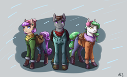 Size: 1800x1100 | Tagged: safe, artist:alina-sherl, oc, oc only, pony, boots, clothes, coat, female, looking at you, male, mare, pants, stallion, travelling, trio