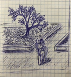 Size: 2886x3148 | Tagged: safe, artist:milesseventh, derpibooru import, oc, oc only, oc:winstonvii, unicorn, graph paper, lined paper, photo, solo, standing, traditional art, tree