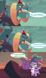 Size: 1280x2160 | Tagged: safe, artist:pixelkitties, derpibooru import, edit, edited screencap, screencap, dragon lord torch, princess ember, spike, dragon, gauntlet of fire, apron, clothes, comic, dragoness, drinking hat, father and child, father and daughter, female, foam finger, hat, male, naked apron, outfit, parent and child, prozd, ridiculous, screencap comic, soda drink hat, vulgar