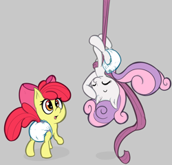 Size: 1394x1338 | Tagged: safe, artist:lazynore, derpibooru import, apple bloom, sweetie belle, acrobatics, diaper, duo, eyes closed, female, fetish, gray background, gymnastics, looking up, open mouth, raised leg, simple background, upside down