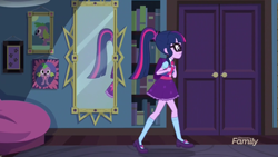 Size: 2208x1242 | Tagged: safe, derpibooru import, screencap, sci-twi, spike, spike the regular dog, twilight sparkle, dog, eqg summertime shorts, equestria girls, monday blues, backpack, belt, bowtie, clothes, discovery family logo, door, glasses, mary janes, mirror, ponytail, raised leg, skirt, socks