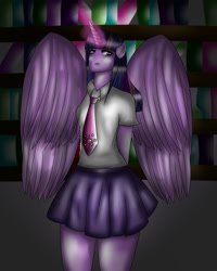 Size: 1024x1280 | Tagged: safe, artist:ajart245, twilight sparkle, twilight sparkle (alicorn), alicorn, anthro, book, bookshelf, clothes, female, magic, necktie, skirt, solo