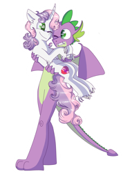 Size: 2100x2800 | Tagged: safe, artist:lolwise, derpibooru import, spike, sweetie belle, dragon, carrying, cloven hooves, curly mane, curly tail, female, fluffy, male, older, older spike, shipping, simple background, spikebelle, straight, transparent background, unshorn fetlocks, winged spike