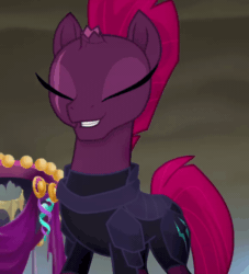 Size: 580x640 | Tagged: safe, screencap, tempest shadow, pony, unicorn, my little pony: the movie, animated, armor, broken horn, cropped, easy as pie, eye scar, female, gif, horn, mare, scar, solo