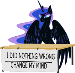 Size: 2337x2272 | Tagged: safe, artist:grypher, derpibooru exclusive, derpibooru import, nightmare moon, alicorn, pony, change my mind, ethereal mane, female, hitler did nothing wrong, mare, missing accessory, simple background, sitting, smiling, smirk, solo, starry mane, steven crowder, table, transparent background, vector