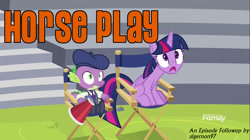 Size: 1280x719 | Tagged: safe, derpibooru import, edit, edited screencap, screencap, spike, twilight sparkle, twilight sparkle (alicorn), alicorn, dragon, pony, horse play, beret, chair, clothes, director's chair, duo, episode followup, female, hat, male, mare, megaphone, necktie, shocked, shoes, suit