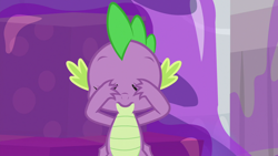Size: 1280x720 | Tagged: safe, derpibooru import, screencap, spike, dragon, the hearth's warming club, eyes closed, male, solo, winged spike