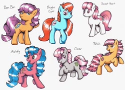 Size: 800x578 | Tagged: safe, artist:innudoggy, derpibooru import, bon bon (g1), bright eyes, clover (g1), melody, patch (g1), sweetheart, pony, g1, my little pony tales, base used, cast, female, g1 to g4, generation leap