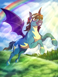 Size: 3000x4000 | Tagged: safe, artist:lupiarts, derpibooru import, oc, oc only, oc:noctis fructosi junior, bat pony, bat pony oc, clothes, commission, crepuscular rays, flying, goggles, grass field, rainbow, scenery, solo, tree, uniform, wonderbolts uniform