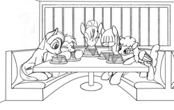 Size: 1493x947 | Tagged: safe, artist:dsb71013, derpibooru import, oc, oc only, oc:maplejack, oc:misty monsoon, oc:night cap, oc:static signal, comic, food, monochrome, pancakes, puffy cheeks