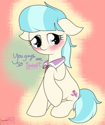 Size: 2975x3550 | Tagged: safe, artist:kimjoman, derpibooru import, coco pommel, earth pony, pony, blushing, clothes, cocobetes, cute, female, floppy ears, hnnng, looking at you, necktie, one hoof raised, sitting, smiling, solo, text